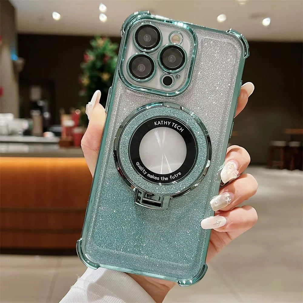 Premium Glitter Wireless Charging MagSafe Ring Stand Case for iPhone 11-16 Pro Max Plus - Transparent Magnetic Cover