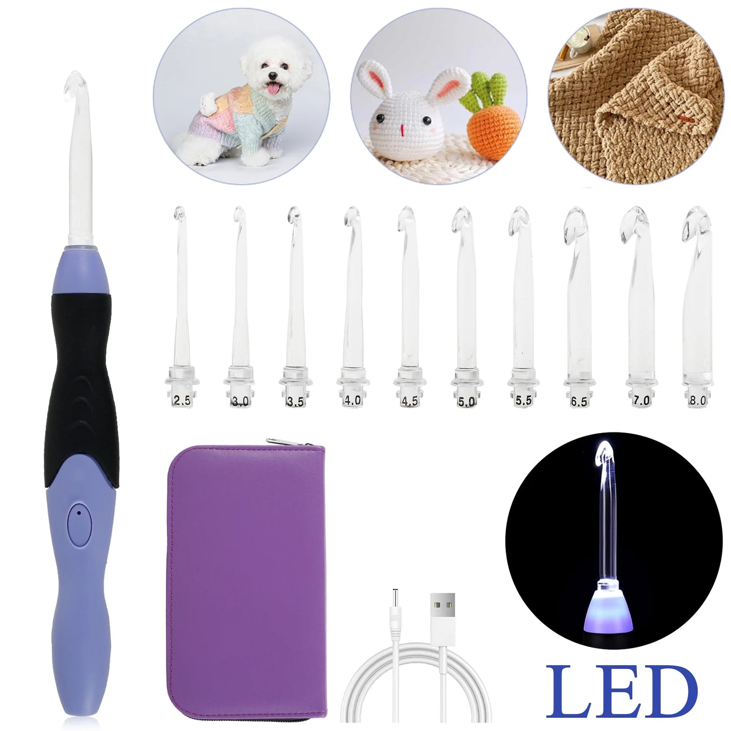 Light up Crochet Hook Set 11 Sizes Lighted Crochet Hooks with Case 2.5Mm to 8Mm Rechargeable LED Crochet Hook Tool