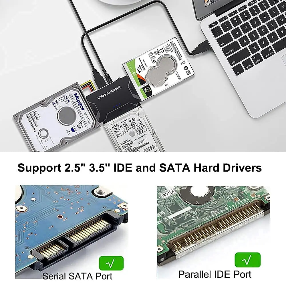 USB 3.0 to SATA/IDE Hard Disk Adapter Converter Cable for 3.5" and 2.5" HDD/SSD, CD/DVD ROM, and CD-RW - 3-in-1 IDE SATA Adapter